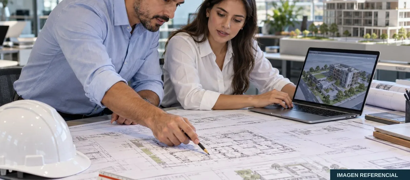 Equipo técnico de Vértara revisando planos de un proyecto de ingeniería